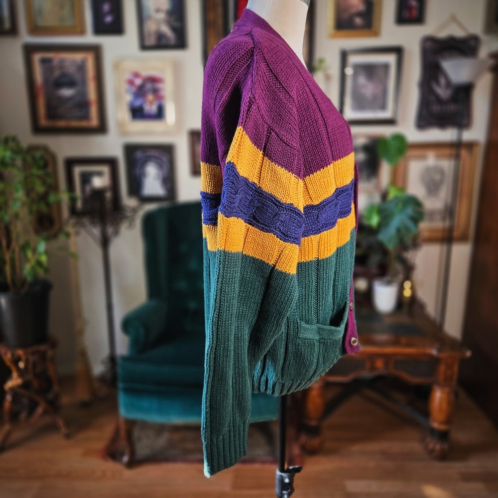 Body Equip Cardigan Vintage 90s Colorblock Knit Purple Green Gold Sweater Mens S - Picture 4 of 7